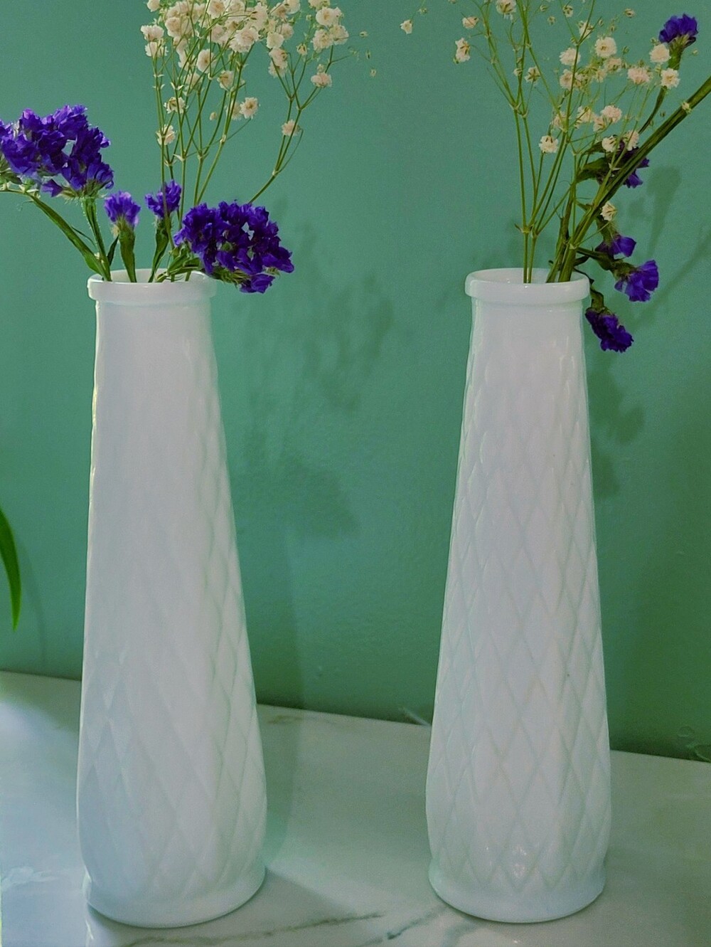 Vintage E.O. Brody Milk Glass Bud Vases  Diamond Pattern  Made in USA – Set of 2